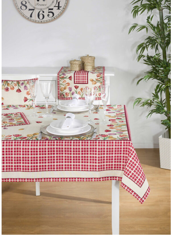 Tafelkleed - Luxe Gobelinstof - Tulpen - Tulp - Bloemen - donker rode ruiten rand - Vierkant 100 x 100 cm