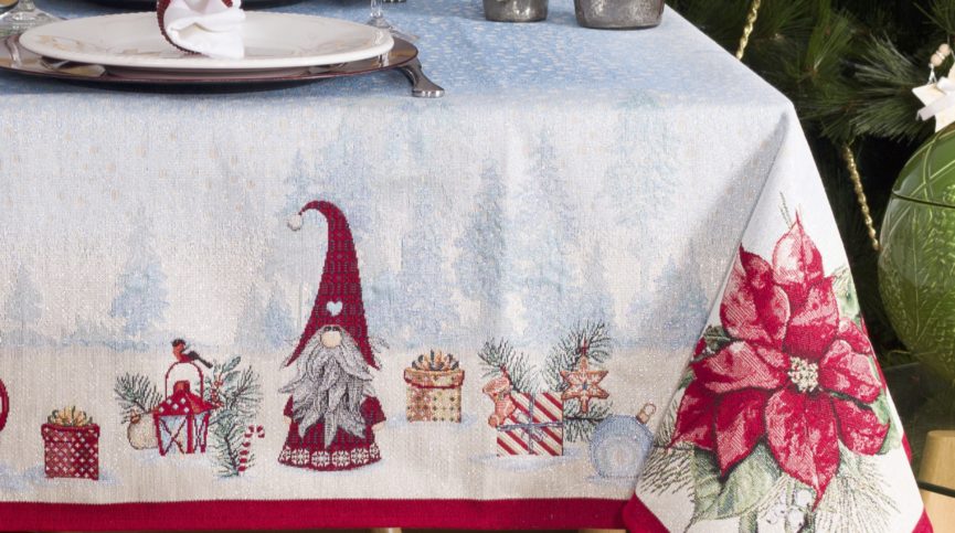 Tafelkleed - Gobelinstof - Kerst - Christmas Village - Kerstbloemen – sneeuw - Rechthoek 220 x 140 cm