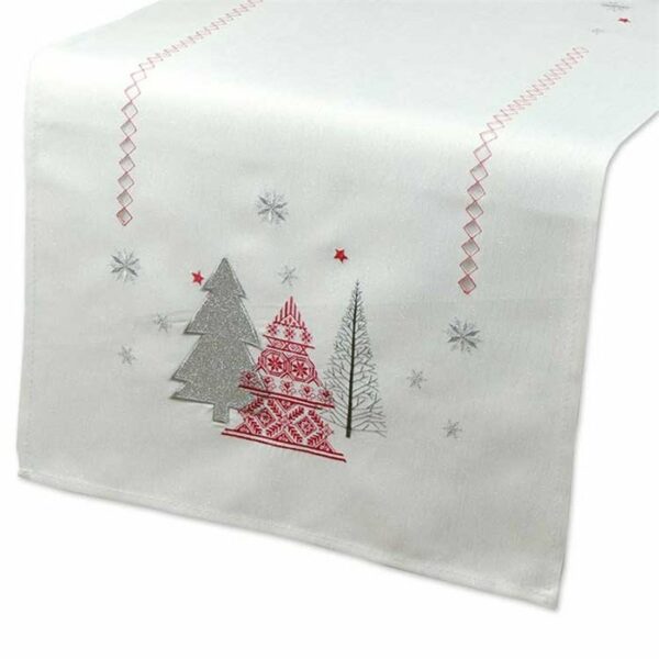 Tafelloper - Wit met rode en zilverkleurige kerstbomen - Loper 150 cm - Rechthoek
