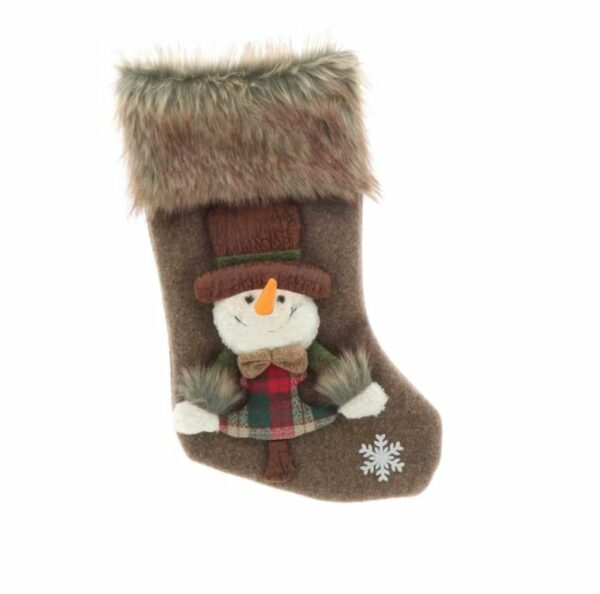 Kerstsok - Christmas Stocking - Vidar - Brown Snowman - Sneeuwpop -23x46 cm