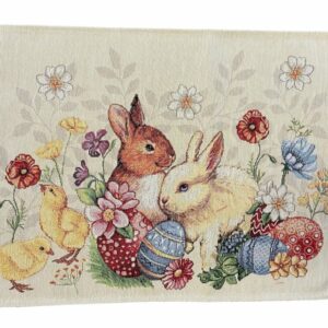 Placemat - Gobelinstof - Pasen - Easter - Creme - Konijnen en Kuikentjes - Loper 35 x 45 cm