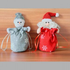 Kerstpoppetjes – Set van 2 – Linnenlook – Sneeuwpop en kerstman – Rood en grijs