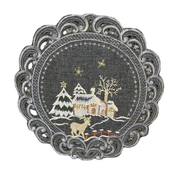 Tafelkleed- Linnenlook - Kerst - Grijs met hert - Rendier - Rond 30 cm