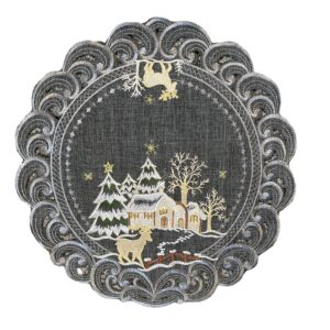 Tafelkleed- Linnenlook - Kerst - Grijs met hert - Rendier - Rond 40 cm