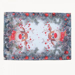 Tafelloper - bedrukt - Kerst - Eland met rode neus - dennenappels - Loper 35 x 50 cm