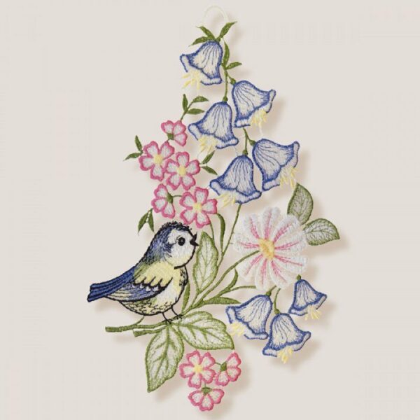 Raamdecoratie - Raamhanger - Mees - Vogel - Blauwe bloemen - met zuignap
