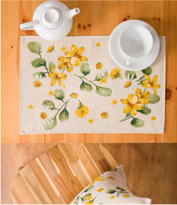 Placemat - Gobelinstof - luxe gobelinstof - Solis - Gele bloemen - Boterbloem - Margrietjes - Loper 35 x 45 cm