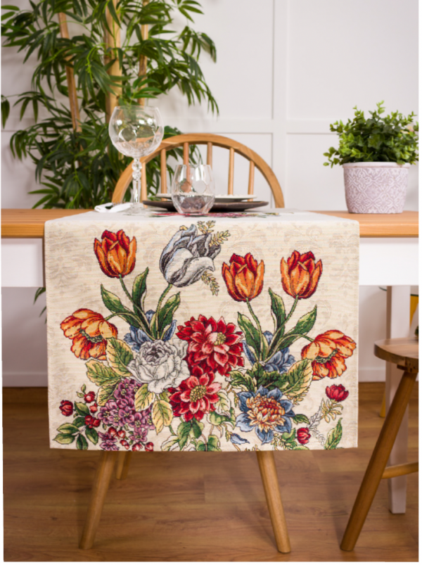 Tafelloper - luxe Gobelinstof - Poline - Tulp - Tulpen - diverse kleurige bloemen - Loper 40 x 100 cm