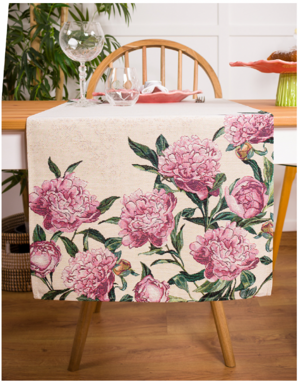 Tafelloper - luxe Gobelinstof - Mauve - Roze bloemen - Pioenrozen - Loper 40 x 100 cm